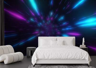 Abstract flight in retro neon hyper warp space in the tunnel 3d illustration Wall mural