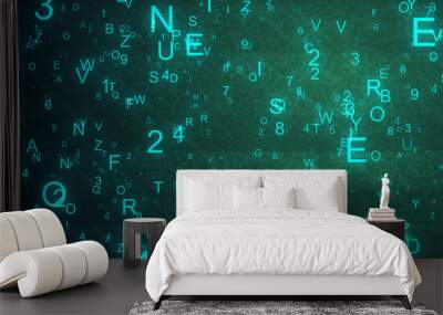 Alphabet letters and numbers randomly thrown in space creating an abstract digital background with noise and distortion Wall mural