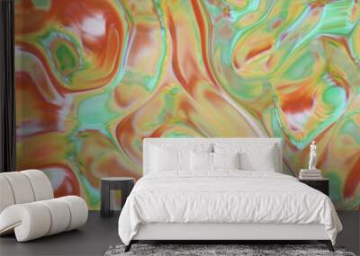 Animated 3D waving fabric texture. Liquid holographic background. Smooth wave surface of silk fabric with ripples and folds of fabric. 3d illustration Wall mural