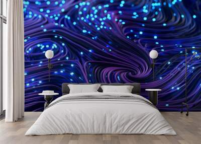 Bundles of abstract optical fiber lines. Bright light signals quickly transmit data for high speed internet connection. Technology and internet concept. 3d illustration Wall mural