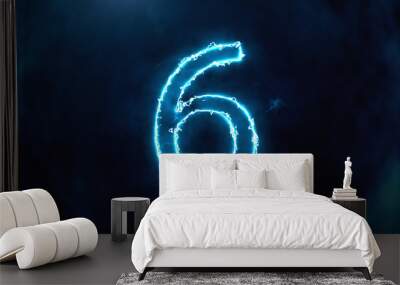 Electric and Futuristic 3D Illustration counter counting down from ten to zero. Big Numbers with fog and cloud. Number 6 Wall mural