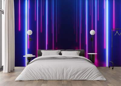 Endless corridor with neon lines tending down. Metal reflective scratched floor. 3d illustration. Modern colorful neon light spectrum Wall mural