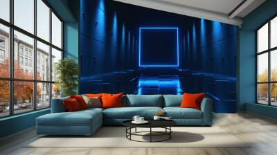 Endless flight in a futuristic dark corridor with neon lighting. A bright neon square in front. 3d illustration Wall mural