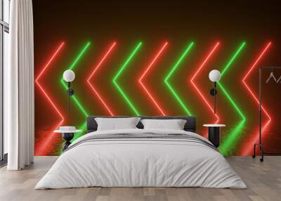 Flashing bright neon arrows light up and go out indicating the direction on the reflective floor. Abstract background, laser show. Ultraviolet neon green red light spectrum. 3d illustration Wall mural