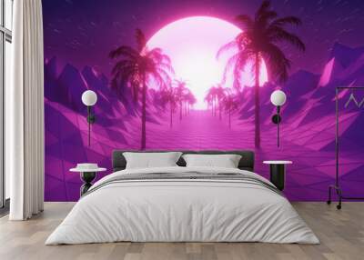 Flying in retro futuristic hyperspace background 80s style 3d illustration Wall mural