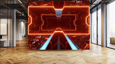 Futuristic animation of flying through a red tunnel with neon lights. 3d illustration Wall mural