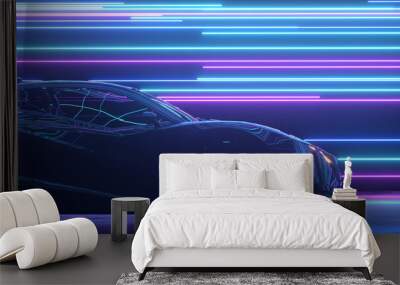 Futuristic concept. The sports car is moving against the backdrop of glowing neon lines. Blue purple color. 3d Illustration Wall mural