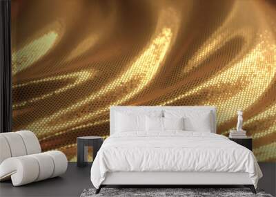 Gold beautiful shiny background of sequins and bokeh. Wavy festive fabric texture with shiny particles close up. 3d illustration Wall mural