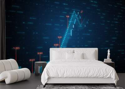 Growing linear 3d illustration graph showing positive growth and trends with numbers in blue violet color on blue tech background with motion Wall mural