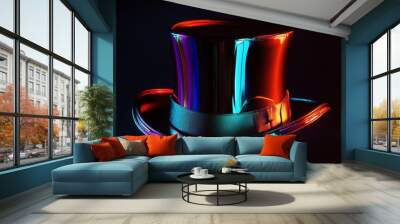 Neon-lit top hat with reflective surfaces, evoking a futuristic and vibrant fashion accessory Wall mural