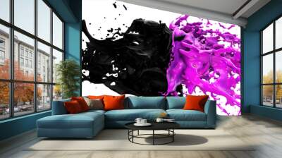 Purple and black liquids collide, drops splatter fly to the sides on a white isolated background Wall mural