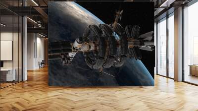 Space station in Earth orbit. ISS. NASA. Space conquest. A view of the Earth and a spaceship. 3d render Wall mural