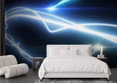 Two blue light streak breaks out on a black background with smoke and light particles 3d illustration Wall mural