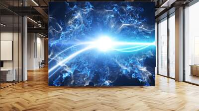 Two blue light streak breaks out on a black background with smoke and light particles and explode in space when interacting with each other 3d illustration Wall mural