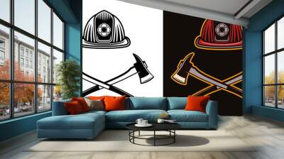 Firefighter helmet and two crossed axes vector illustration in colored style on dark background Wall mural