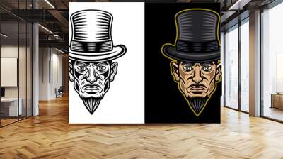 Magician or gambler in cylinder hat man head with mustache and goatee beard vector illustration in two styles black on white and colorful on dark background Wall mural