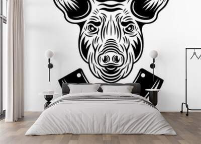 Pig head and two crossed meat cleavers vector monochrome illustration in vintage style isolated on white background Wall mural