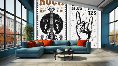 Rock music festival two vertical banners or invitation flyers vector templates with guitar and horns hand gesture. Layered, separate grunge texture and text Wall mural