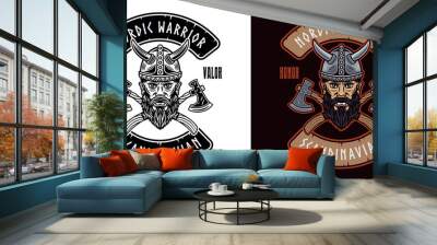 Viking head and crossed axes vector emblem, label, badge or print in two styles colored and black and white Wall mural