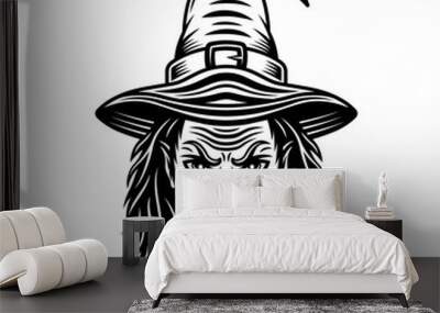 Witch head in hat vector monochrome illustration Wall mural