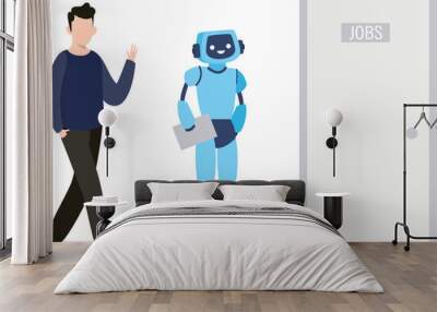 The boy and the robot stand outside the job room. Wall mural