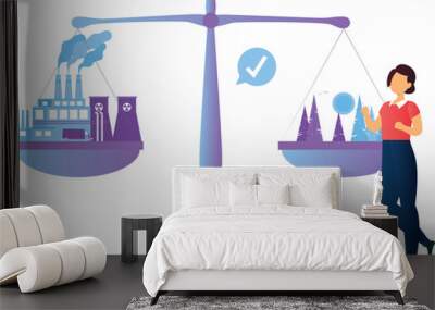 The girl balances factories and nature. Wall mural