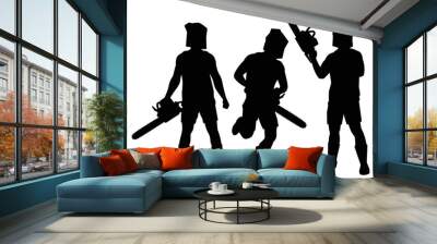 killer with chain saw machine, hunter with weapon silhouette vector on white background, people graphic design for Halloween day. Wall mural