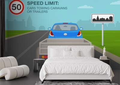 Back view of a car towing caravan or trailer on a motorway, highway. Speed limit. Driving a car. Flat vector illustration template. Wall mural