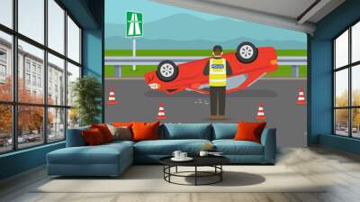 Car flips onto roof after colliding with vehicle. Upside down car crash on highway. Police officer records a road accident. Flat vector illustration template. Wall mural