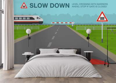 Driving a car. Car is reaching the railroad cross while express passenger train is approaching. Level crossing with barriers ahead warning sign meaning. Flat vector illustration template. Wall mural