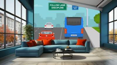 Driving car. Back view of sedan cars and bus on a bus lane. Follow the lane discipline and bus lane road sign. Flat vector illustration template. Wall mural