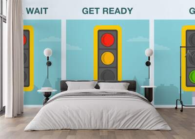 Driving rules and tips. Traffic light and their meaning infographic. Car driver instruction. Flat vector illustration template. Wall mural