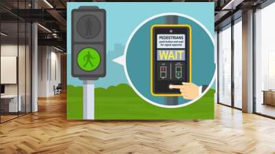 How to cross the street. Traffic signal controlled pedestrian facilities. Flat vector illustration of traffic light button.  Wall mural