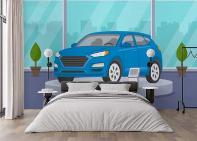 Interior view of car showroom. New modern blue suv car on platform. Flat vector illustration template. Wall mural