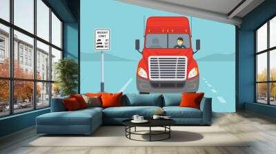 Isolated front view of a red truck on road with weight limit. Weight limit with truck symbols sign area. Flat vector illustration template. Wall mural