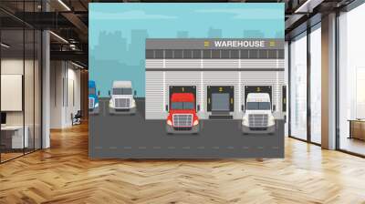 Trucks at city warehouse building. Flat vector illustration. Wall mural