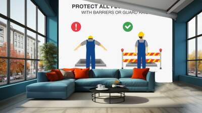 Workplace golden safety rule. Protect all floor openings with barriers or guard rails warning poster design. Flat vector illustration template. Wall mural