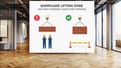 Workplace safety rule for lifting operations. Barricade lifting zone and do not suspend loads over persons. Flat vector illustration. Wall mural