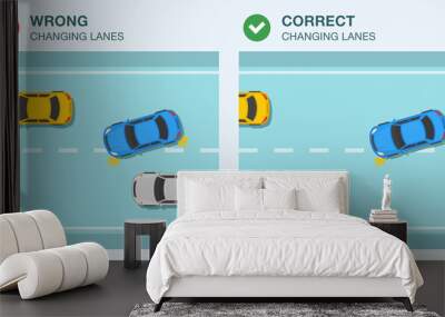 Wrong and correct changing lanes while driving a car. Flat vector illustration template. Wall mural