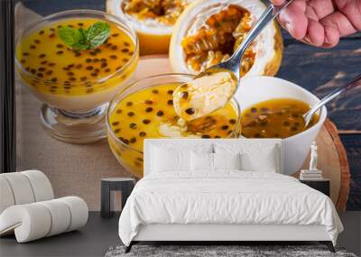 .Passion fruit mousse. Refreshing dessert with fresh passion fruit topping Wall mural