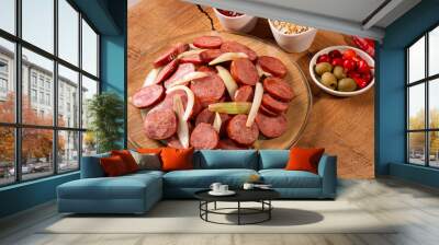 .Pepperoni sausage with onion. Very common appetizers in bars. Accompanied by farofa and pepper jelly. Wall mural