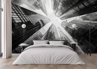 Contemporary artwork. Creative design in retro style. Black and white image of skyscrapers, business buildings in big city. Concept of creativity, surrealism, imagination, futuristic landscape. Poster Wall mural