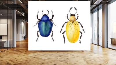 Two watercolor beetles - yellow and blue, isolated on a white background. Hand-drawn decorative Coleoptera. Cute colorful insects. Wildlife clip art set Wall mural