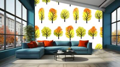 Watercolor red, yellow and green autumn tree collection isolated on a white background. Fall season colorful background. Hand drawn seamless pattern for fabric and wallpaper Wall mural