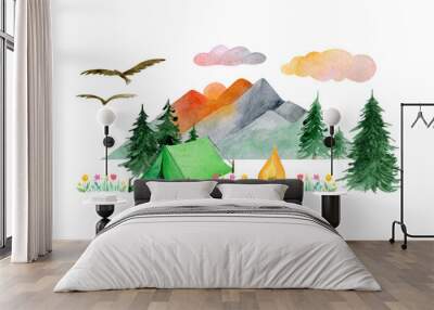 Watercolor sunset view landscape. Hand-drawn camping scene isolated on a white background: green tent and campfire on a floral meadow. Hiking in the mountains. Active summer outdoor rest. Cute poster Wall mural