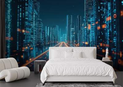 abstract highway path through digital binary towers in city Wall mural