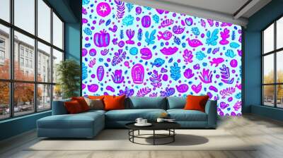 Abstract Watercolor Seamless Pattern with Colorful Shapes and Flowers on Blue Background Wall mural