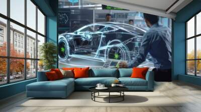 Car design engineers using holographic app technology Wall mural