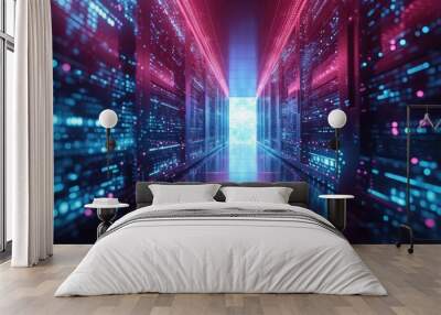 door in tunnel with digital data center light signals Wall mural