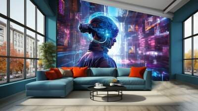 futuristic tech nexus with holographic interfaces, flying drones, robotic elements, and energy streams Wall mural